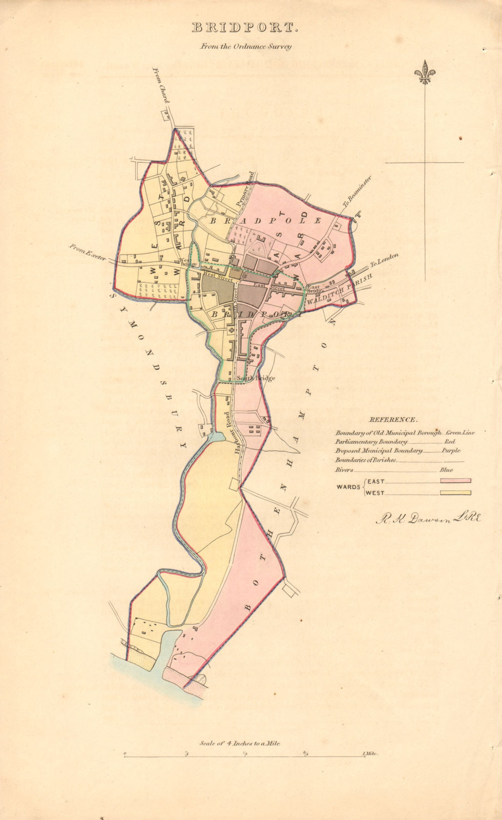 BRIDPORT borough/town plan. BOUNDARY REVIEW. Dorset. DAWSON 1837 old map